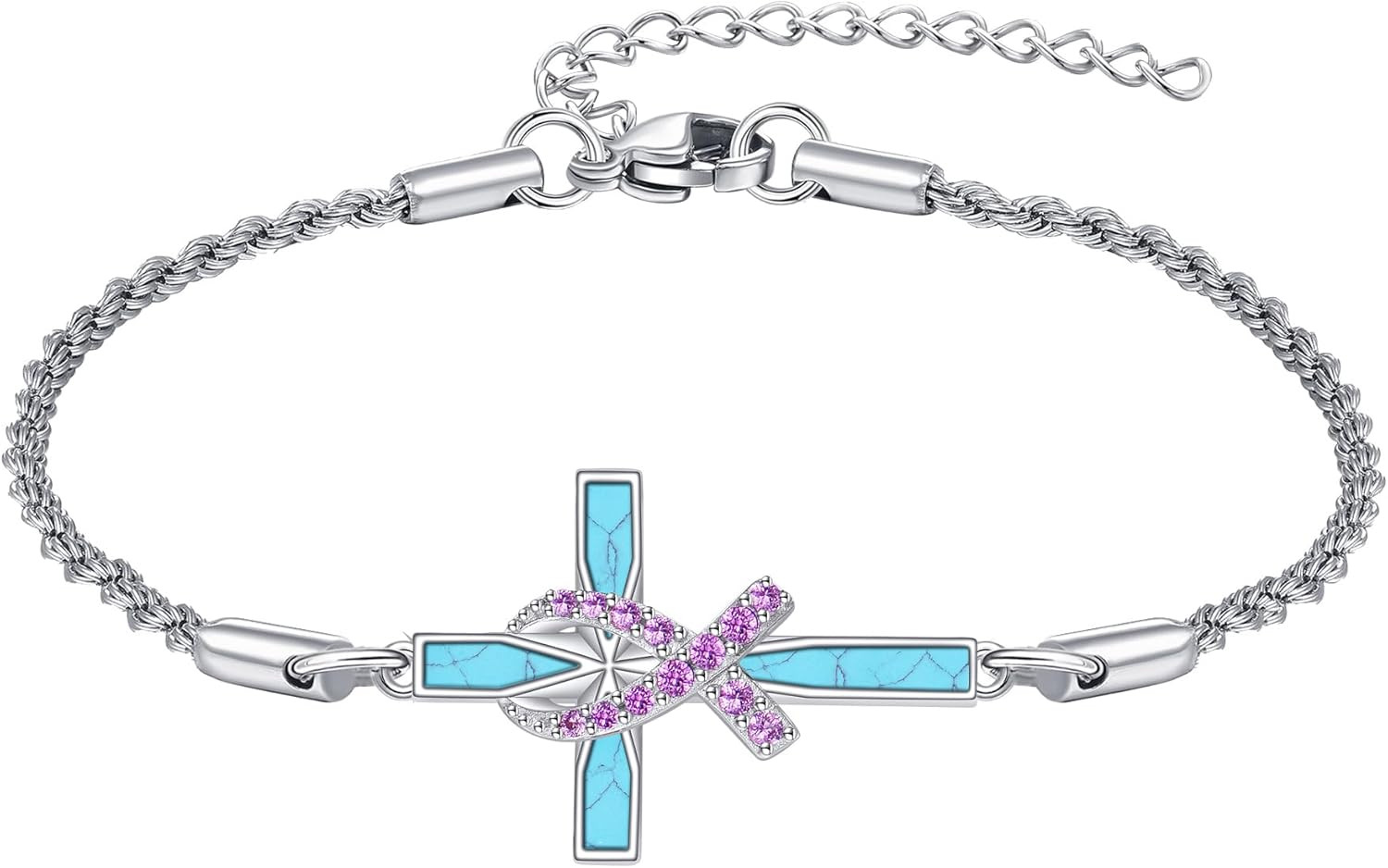 Breast Cancer Survivor Pink Ribbon Cross Bracelet 925 Sterling Silver Gift Women