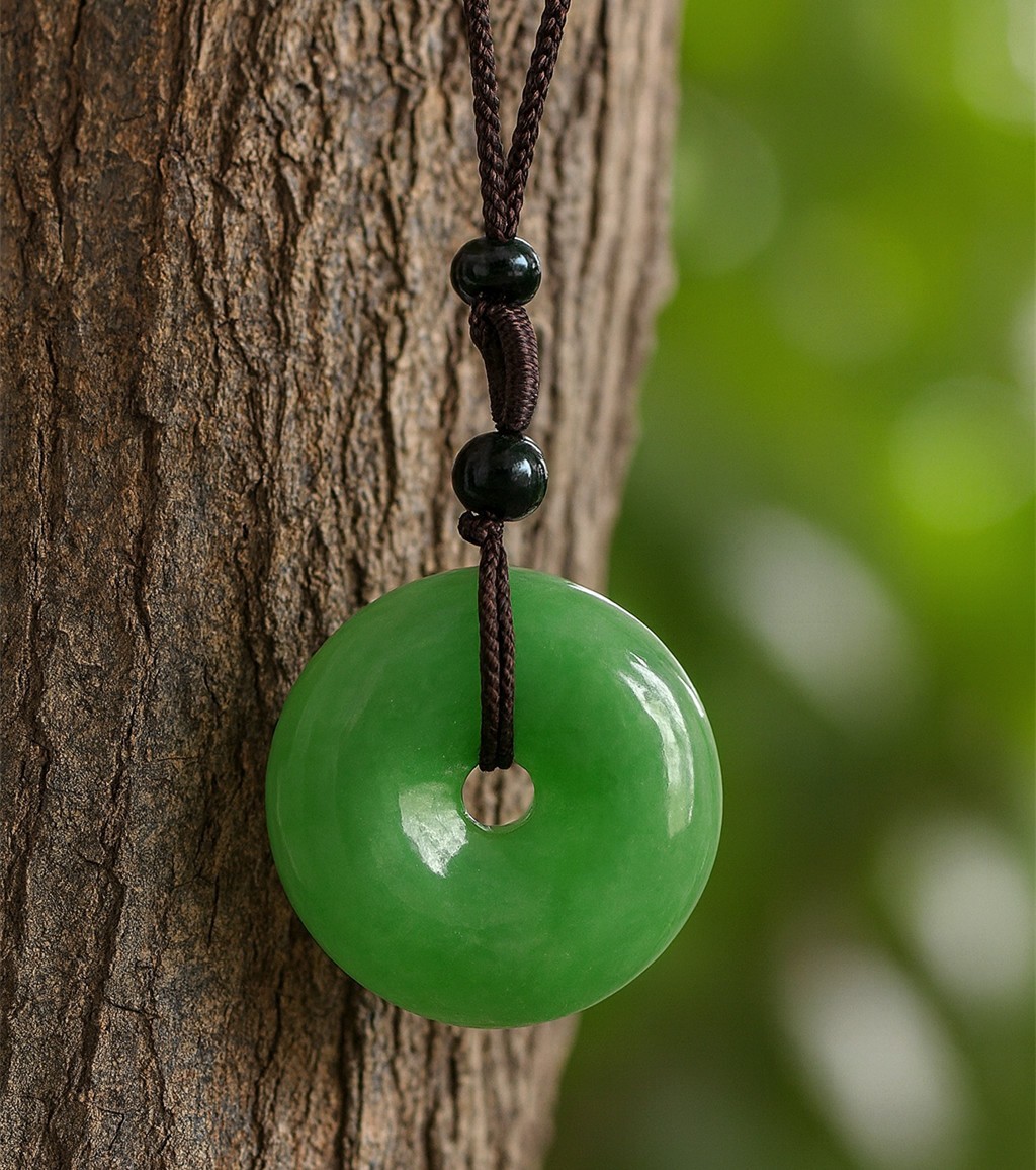 Feng Shui Green Jasper Safety Button Peace Donut Lucky Pendant Necklace Amulet