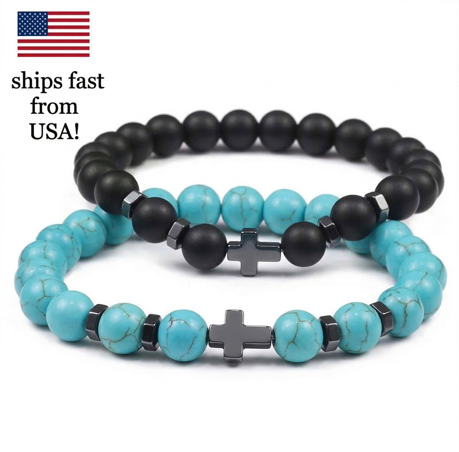 2pc Set Natural Stone Cross Bracelet Set – Mens Womens Beaded Faith Jewelry Gift