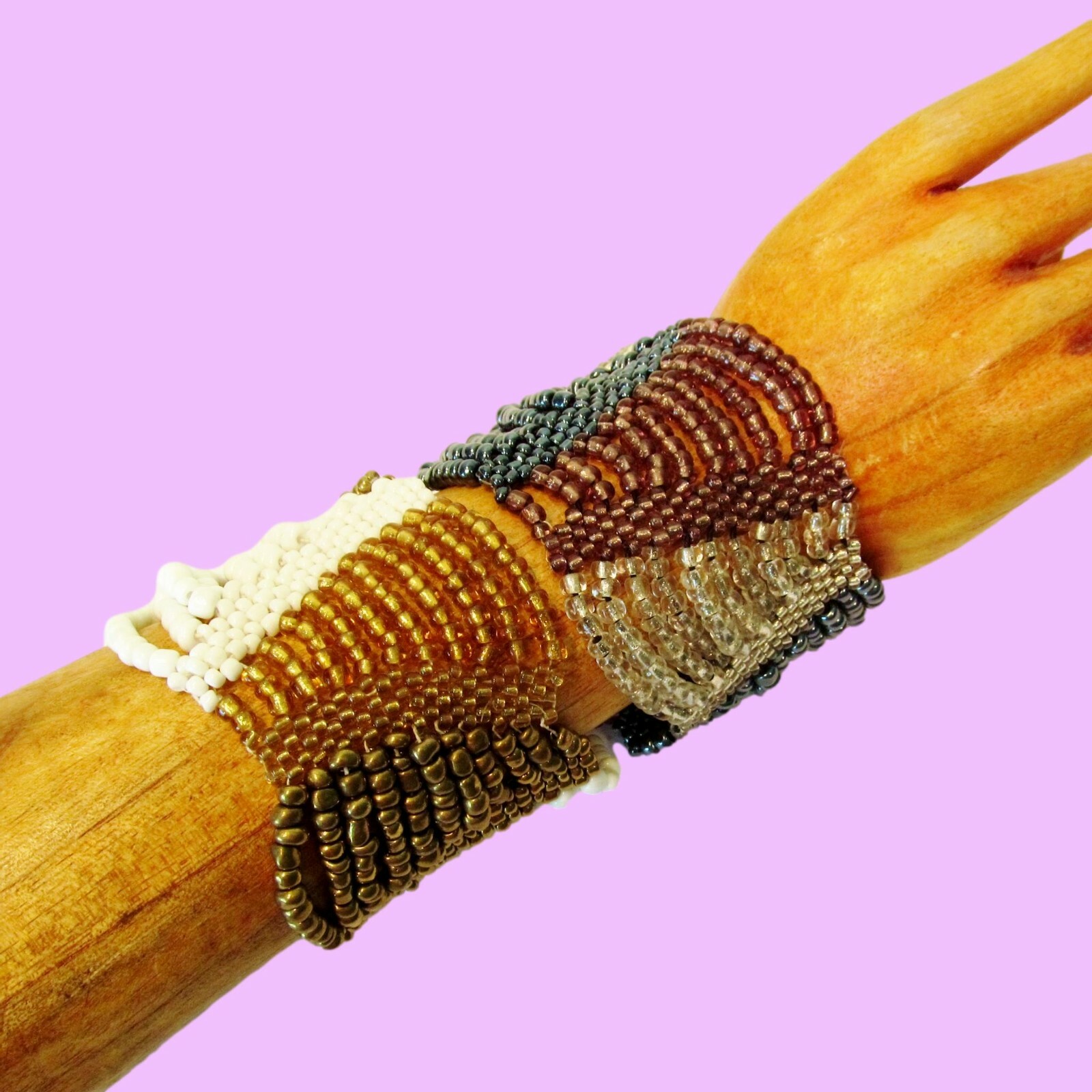 Set of 2 Purple Gold Multi Strand Handmade Swag Stretch Seed Bead Bracelets