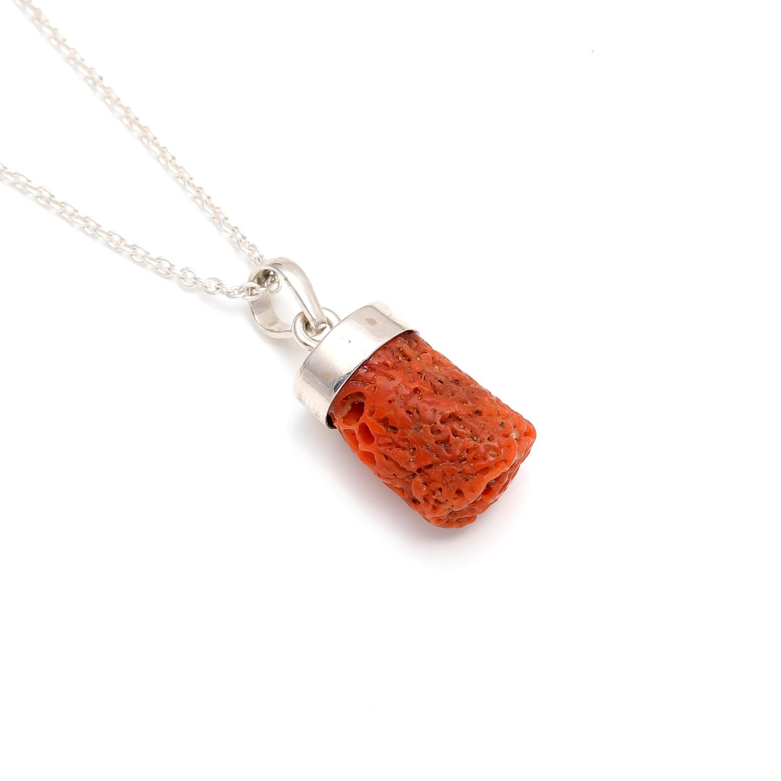 Natural Italian Red Coral Rough Chain Pendant 925 Sterling Silver Unique Jewelry
