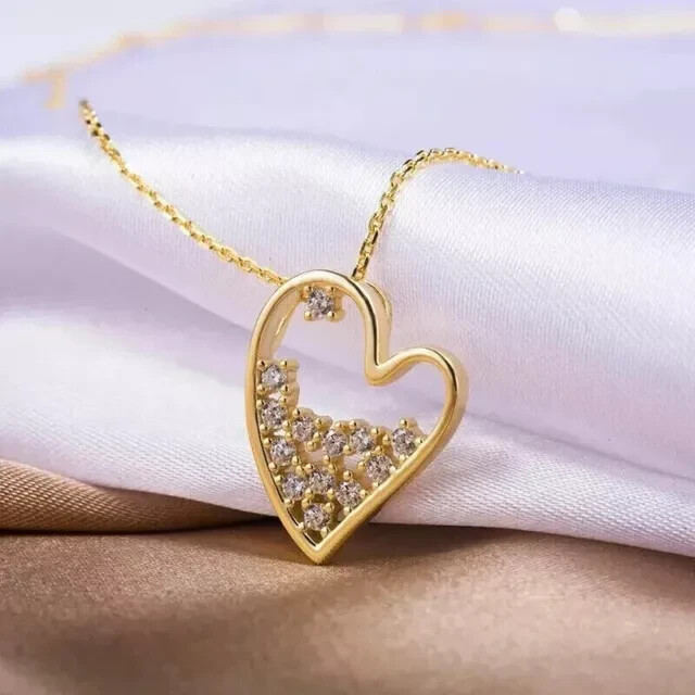 Pretty Heart Pendant Necklace Simulated Diamond 925 Silver Yellow Gold Finish
