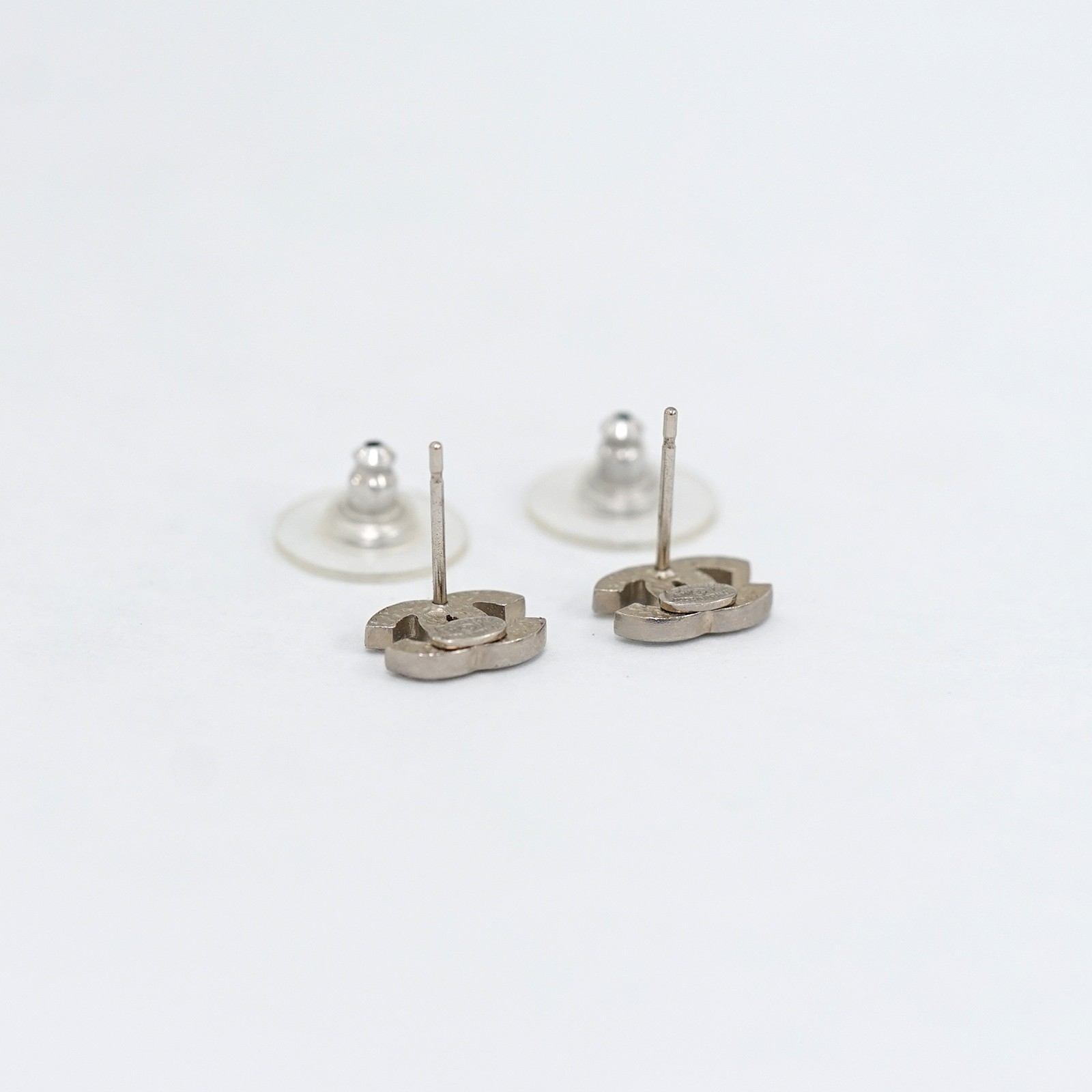 CHANEL CC Logos Rhinestone Stud Earrings Silver Tone A11V Auth #9772