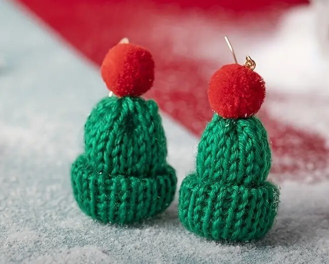 Christmas Pom Pom Knitted Hat Themed Eardrop Earrings. UK Seller. Seasonal Green