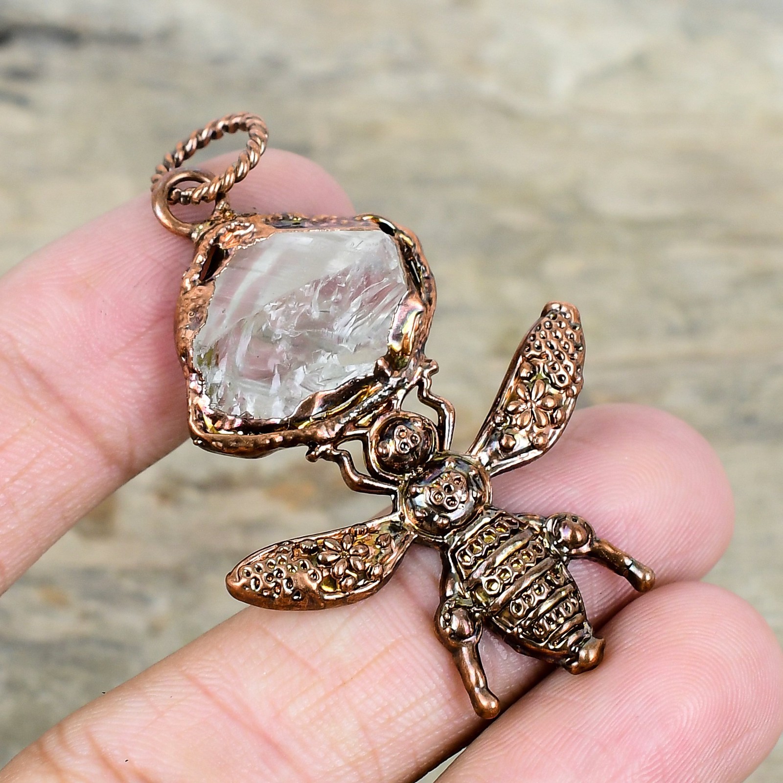 Natural White Topaz Rough New Electroformed And Honey Bee Pendant Jewelry Copper