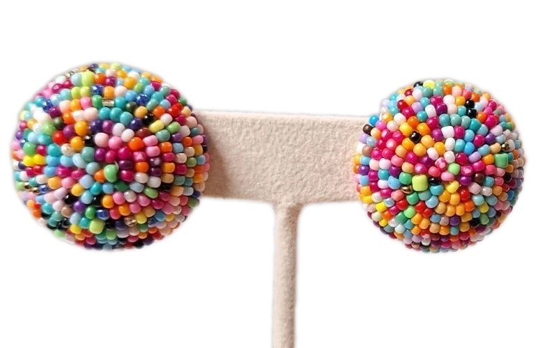 VTG Multicolor Seed Beaded Domed Large Button Statement Stud Earrings Boho 1″