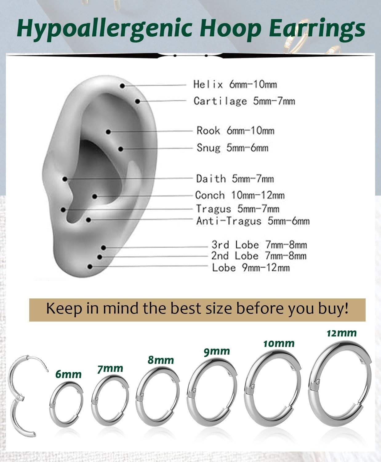 Surgical Steel Huggie Hoop Earrings & Flat Back Studs for Women Men, 6mm-14mm…