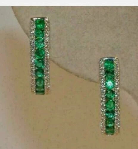 2 Ct Simulated Green Emerald Huggie Hoop Women’s Earring 14K White Gold Finish