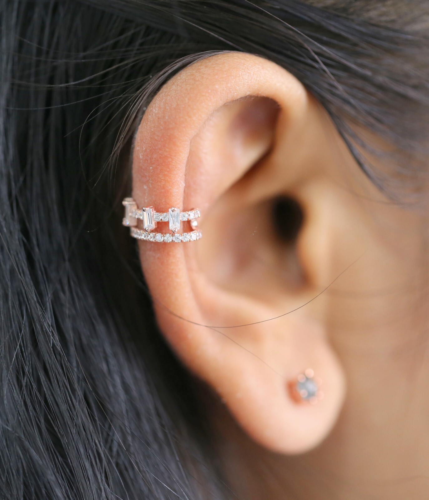 Natural Round /Baguette Diamond Ear Cuff 14K Rose White Yellow Gold KD1085