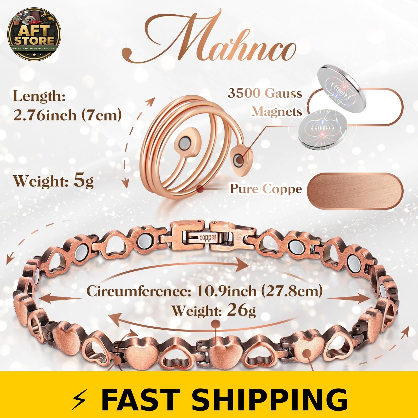 Mahnco Copper Anklet with Magnets – Adjustable Heart Gift for Women