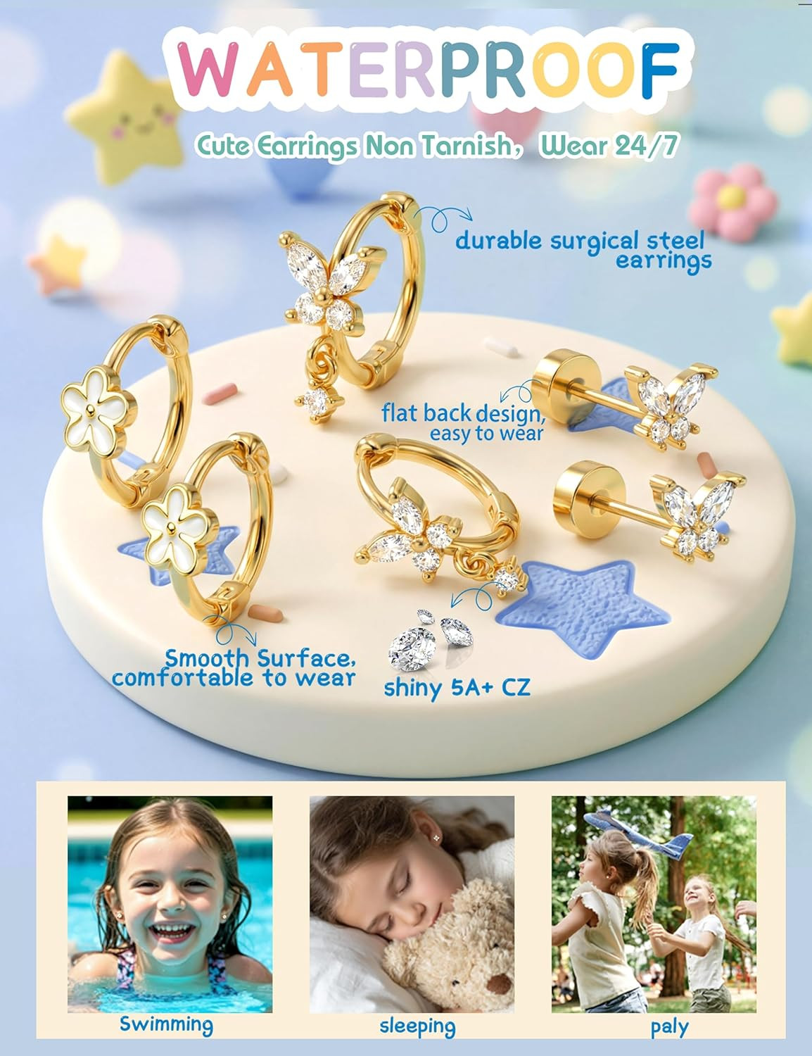 SAILIMUE Flat Back Earrings Set Girls 14K Gold Surgical Steel Stud Hoops