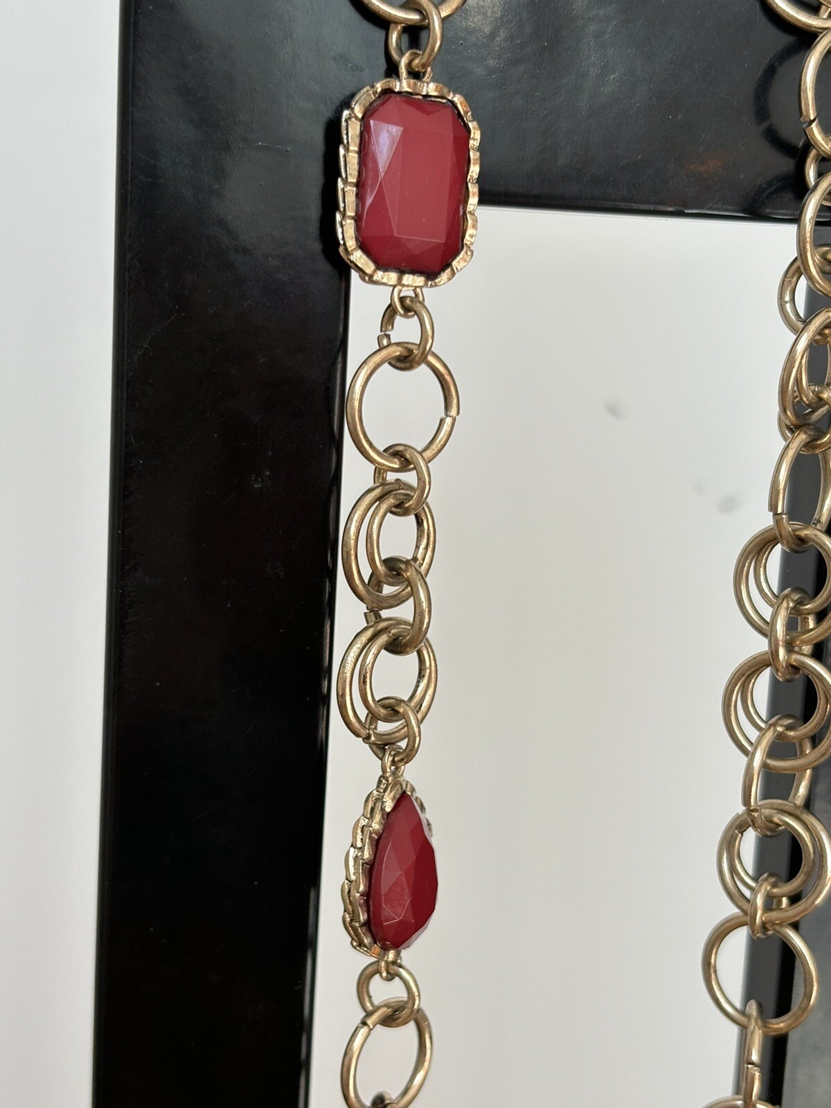 Red Cabochon Stations Necklace/ Xtra Long- Measures 32 In Total Length