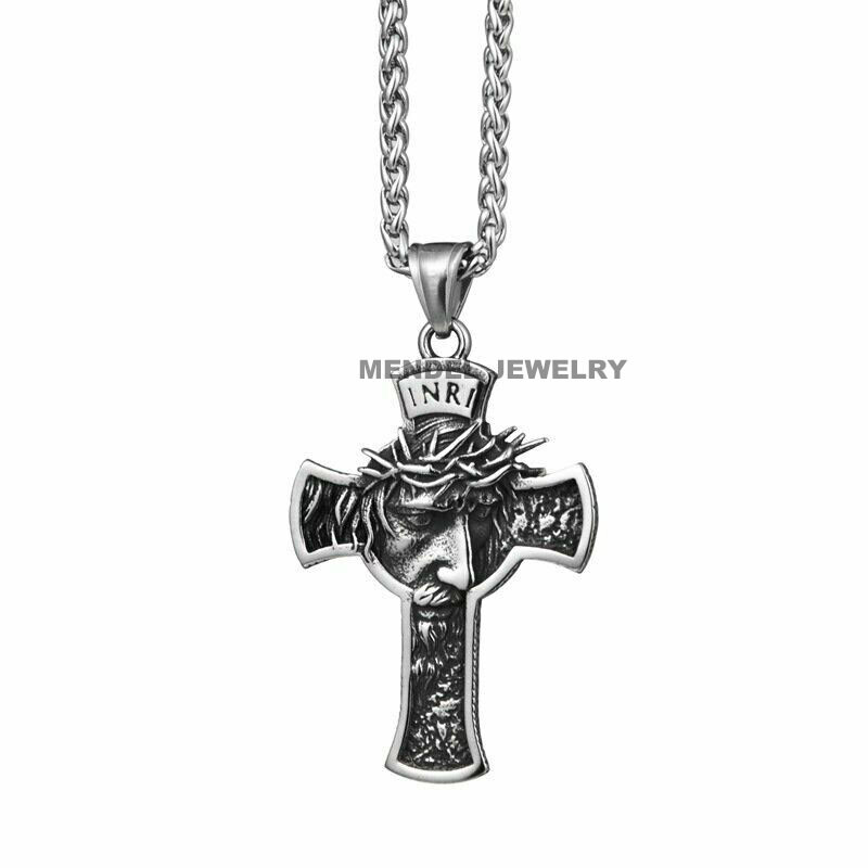 Mens Stainless Steel Jesus Christ Face Crucifix Cross Alloy Pendant Necklace