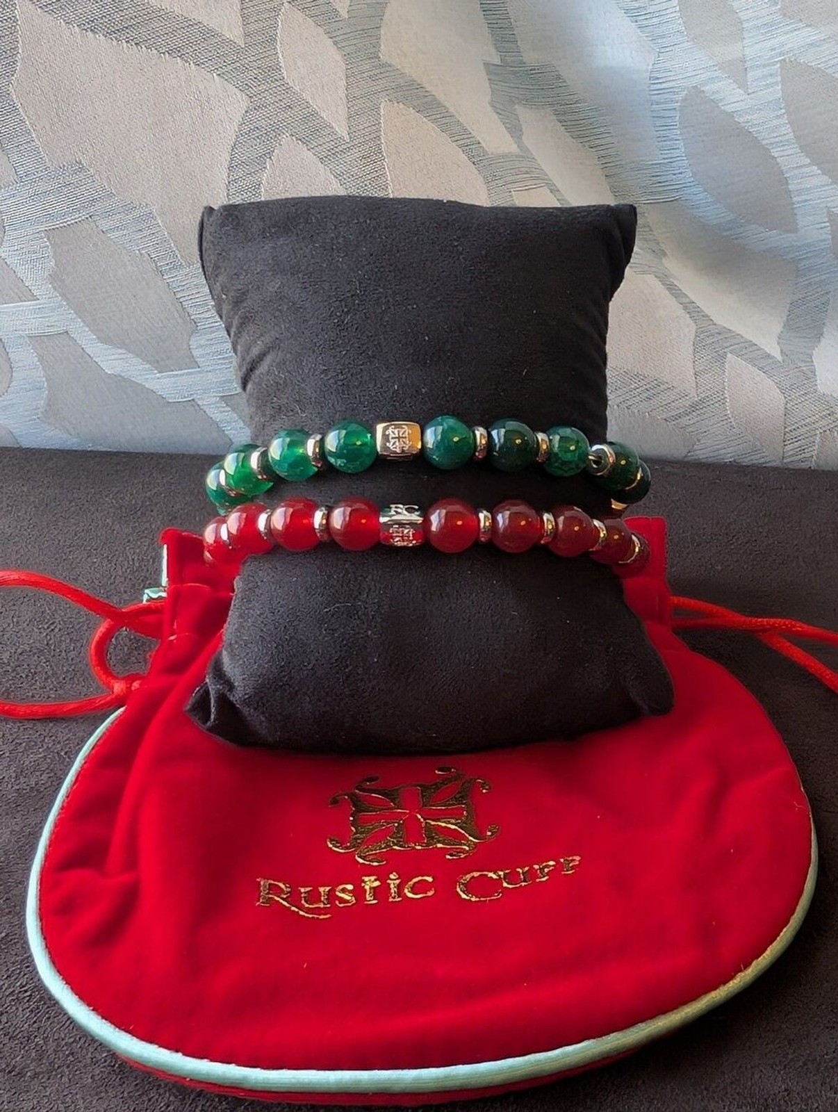 Rustic Cuff Green & Red Beaded Holiday Bracelet Set with Velvet Pouch