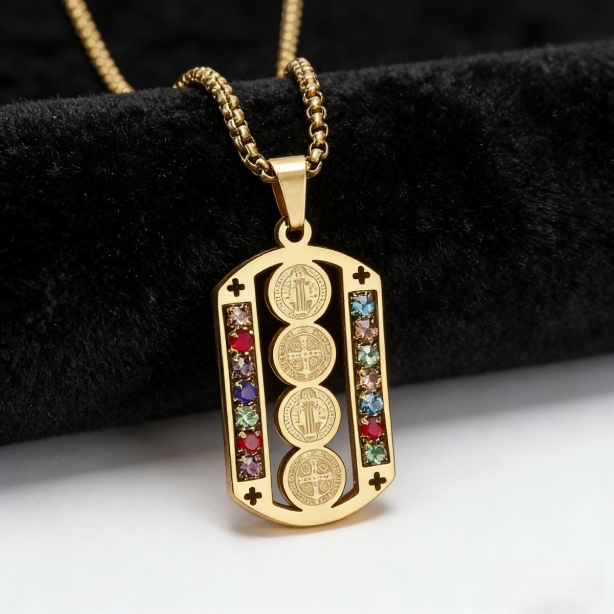 Stainless St. Benedict Medal Pendant Colorful Zirconia Religious Unisex Necklace