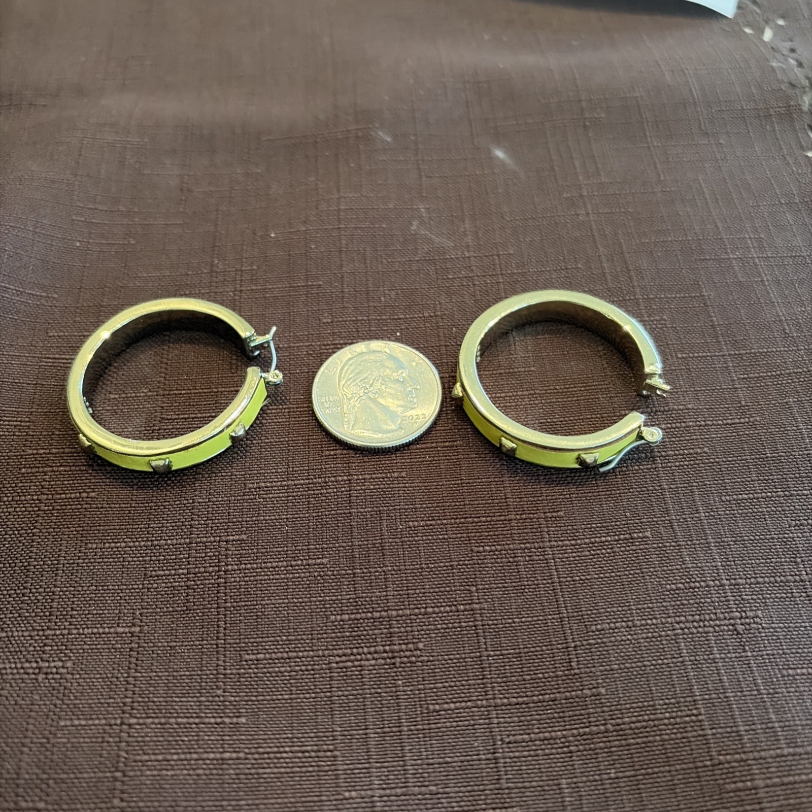 Yellow Enameled Gold Tone Hoop Dangle Earrings with stud accents, Branded LC