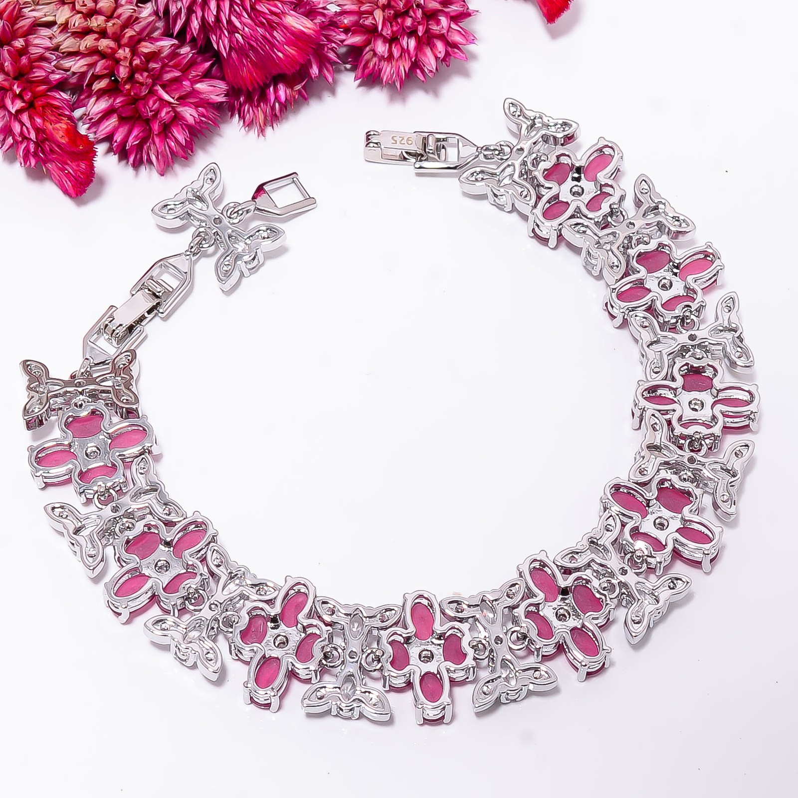 Ruby – Simulated, CZ 925 Sterling Silver Adjustable Bracelet 7-8″ B13091