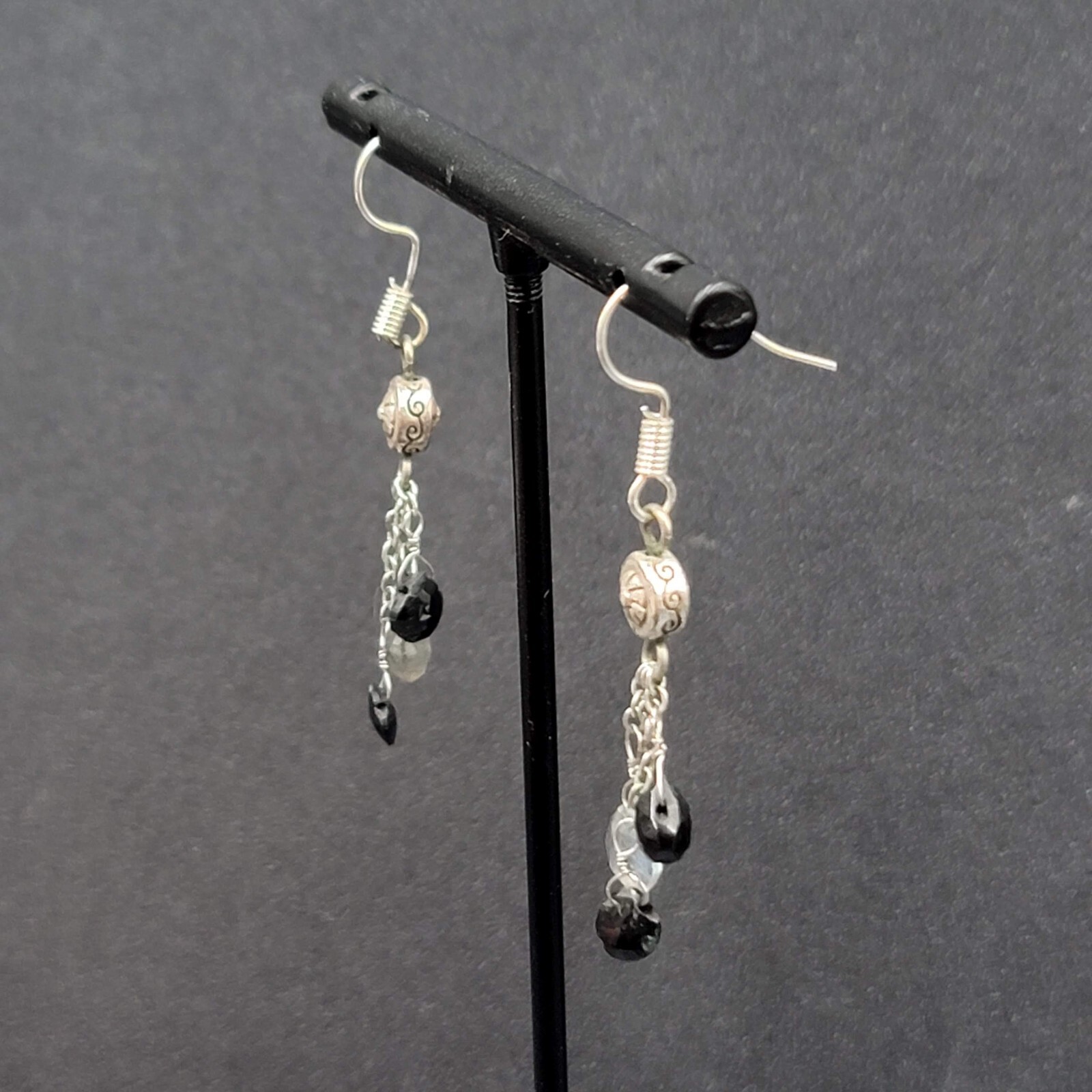 Pierced Earrings Silver tone Black Gray Stones on Dangle Chains 1.25″