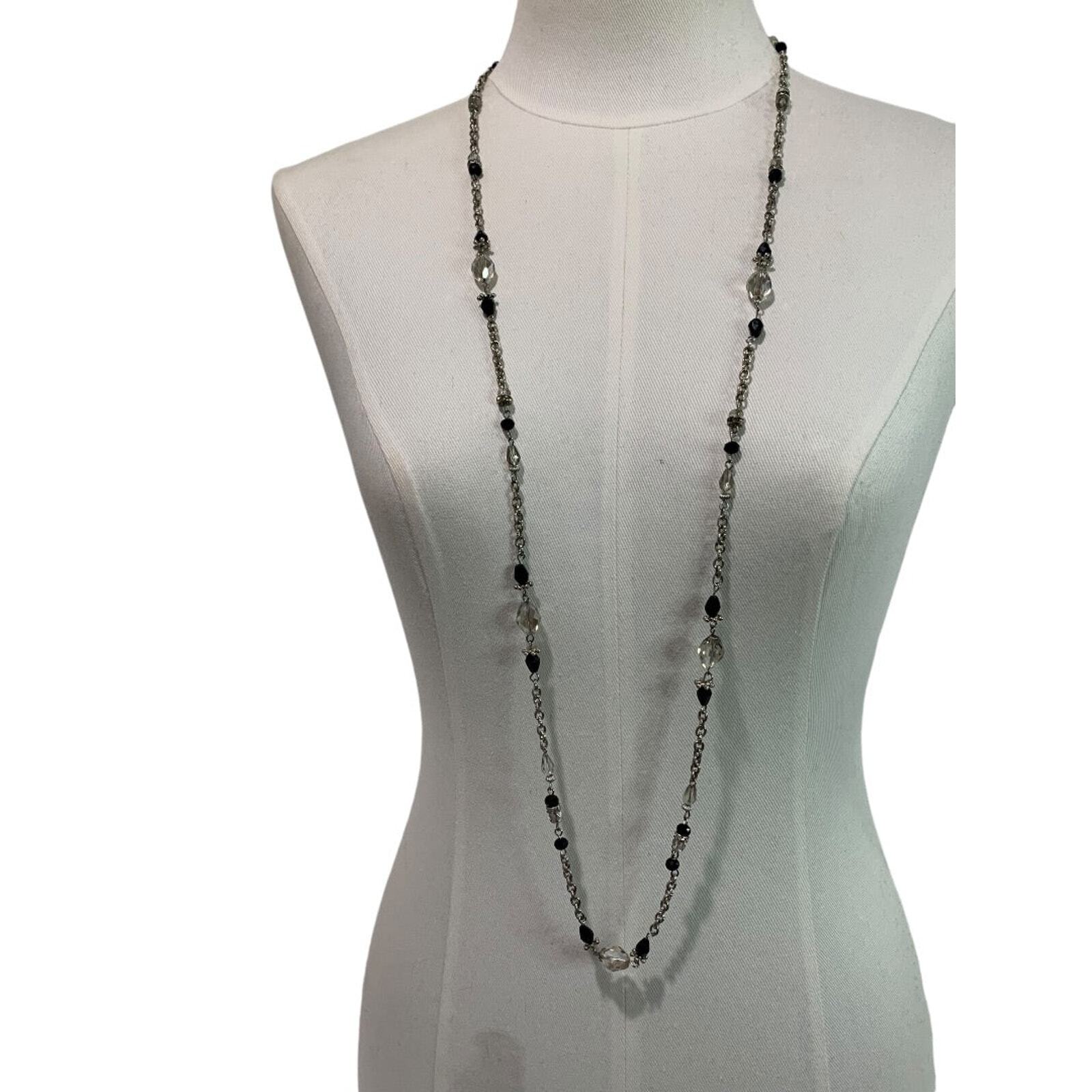 Long Strand String Necklace 42 Inches Silvertone Black Lobster Clasp