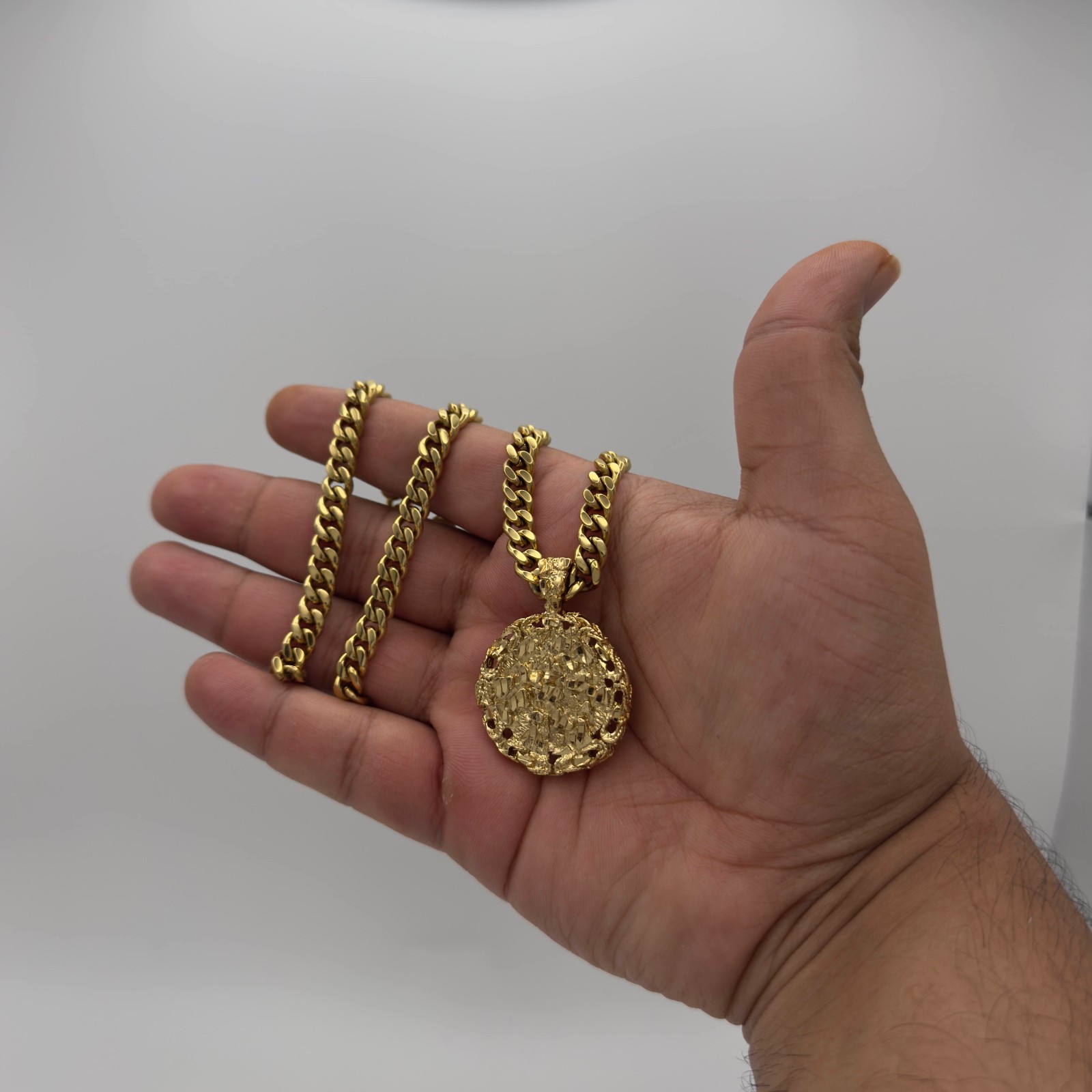 Gold Nugget Necklace, Round Nugget Pendant, 7mm Curb Chain, 14k Gold Plated