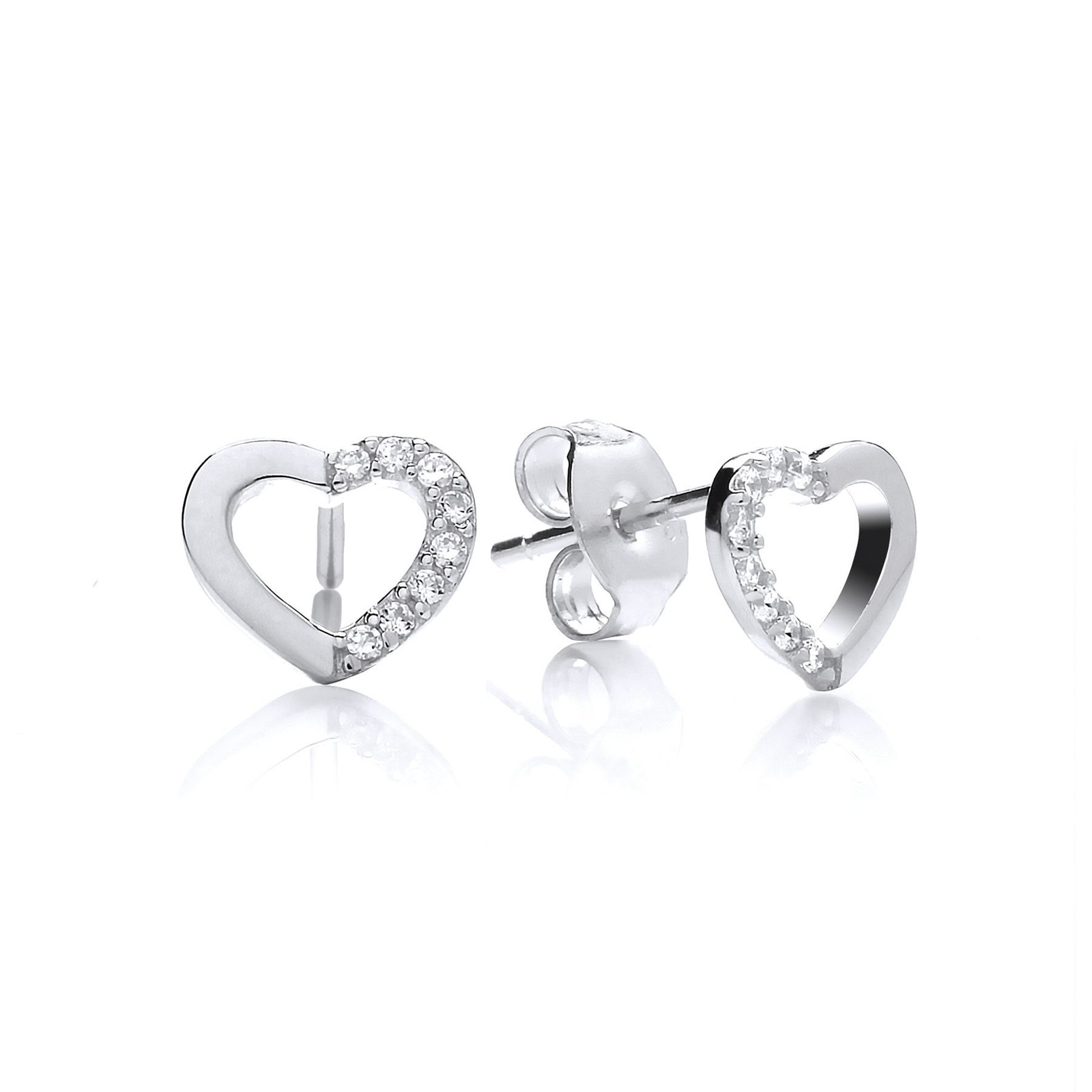 925 Sterling Silver Jewelco London CZ Semi Set Open Love Heart Stud Earrings