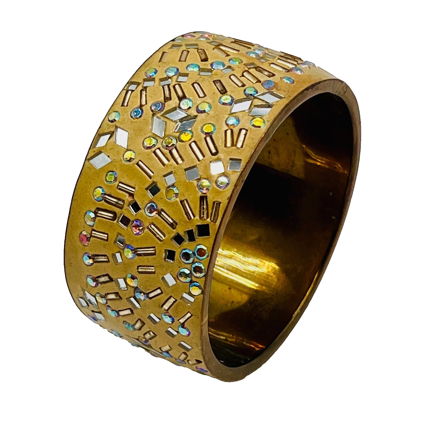 Wide Cuff AB Rhinestone Mirror Studded Runway Bracelet Gold Tone Statement
