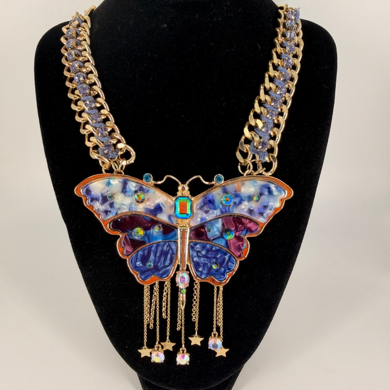 Betsey Johnson Blue Purple Butterfly Statement Necklace Gold Tone Star Charms