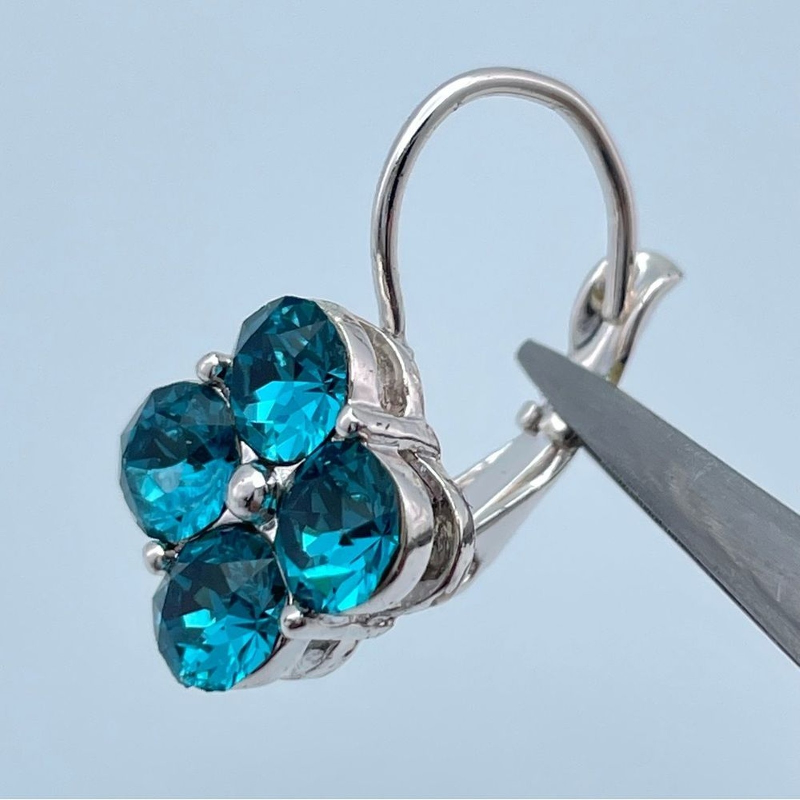 Dana Buchman Teal Crystal Flower Necklace & Earrings Set Silver Tone