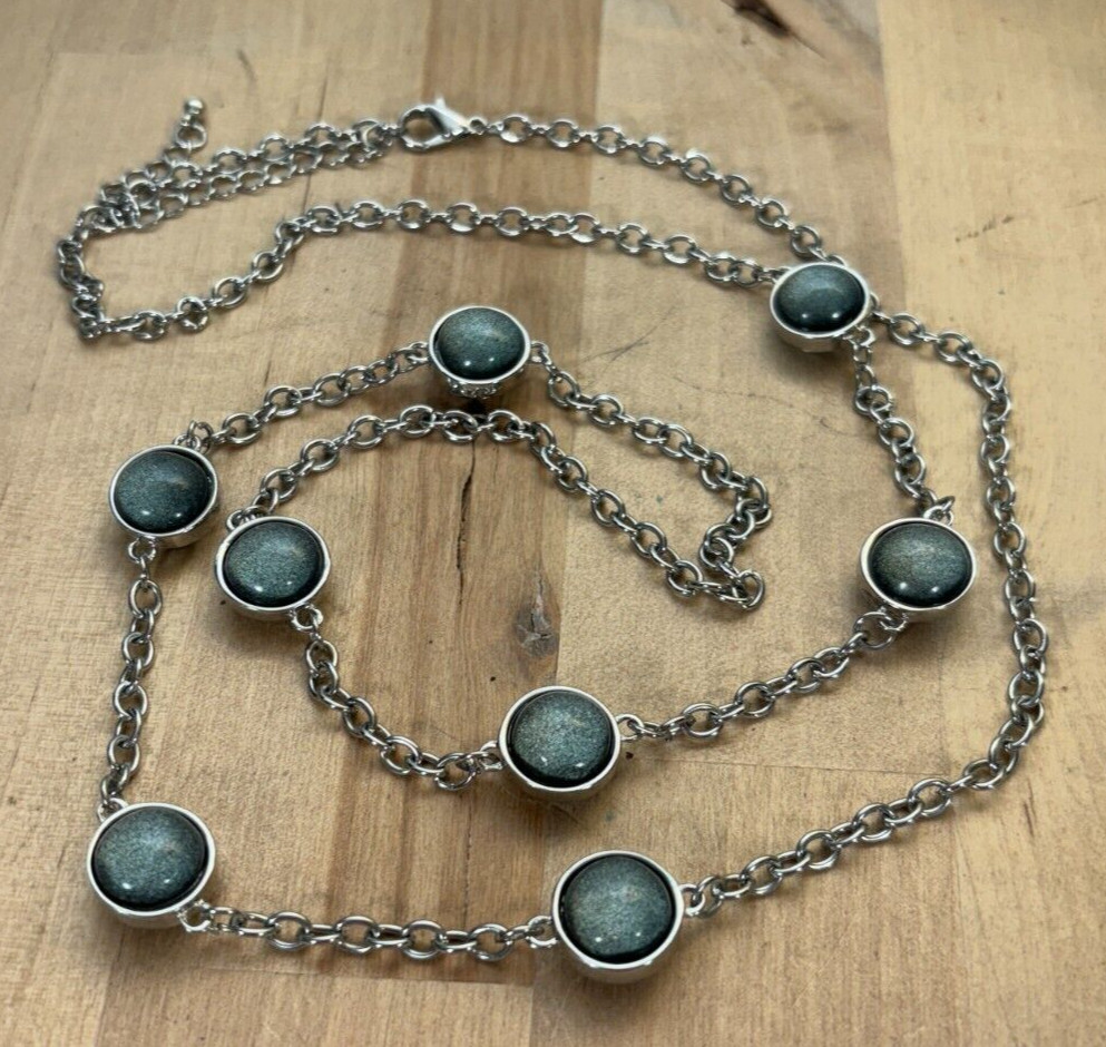 Single Strand Silvertone Station Necklace Double Sided Glass Cabochons, 36″