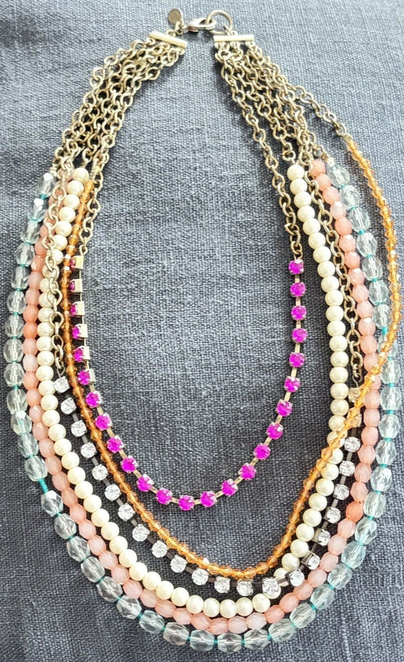 Layered Multi-Strand Glass Beaded Necklace, Multicolor, Gold Tone Cable Chain