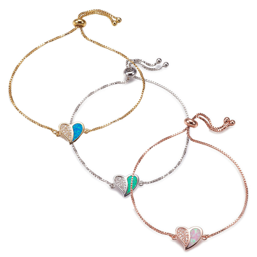 Adjustable Bracelets Slider Opal Cubic Zirconia Heart Gold Blue Pink 8.8″ P503
