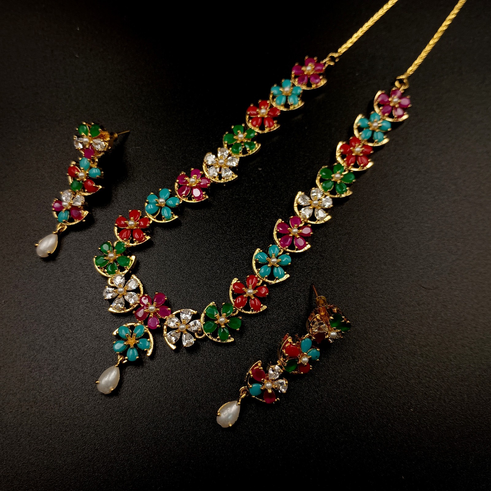 Royal Navratan Stone Necklace Set 22k Gold Plated Indian Bridal Jewelry Gift Her