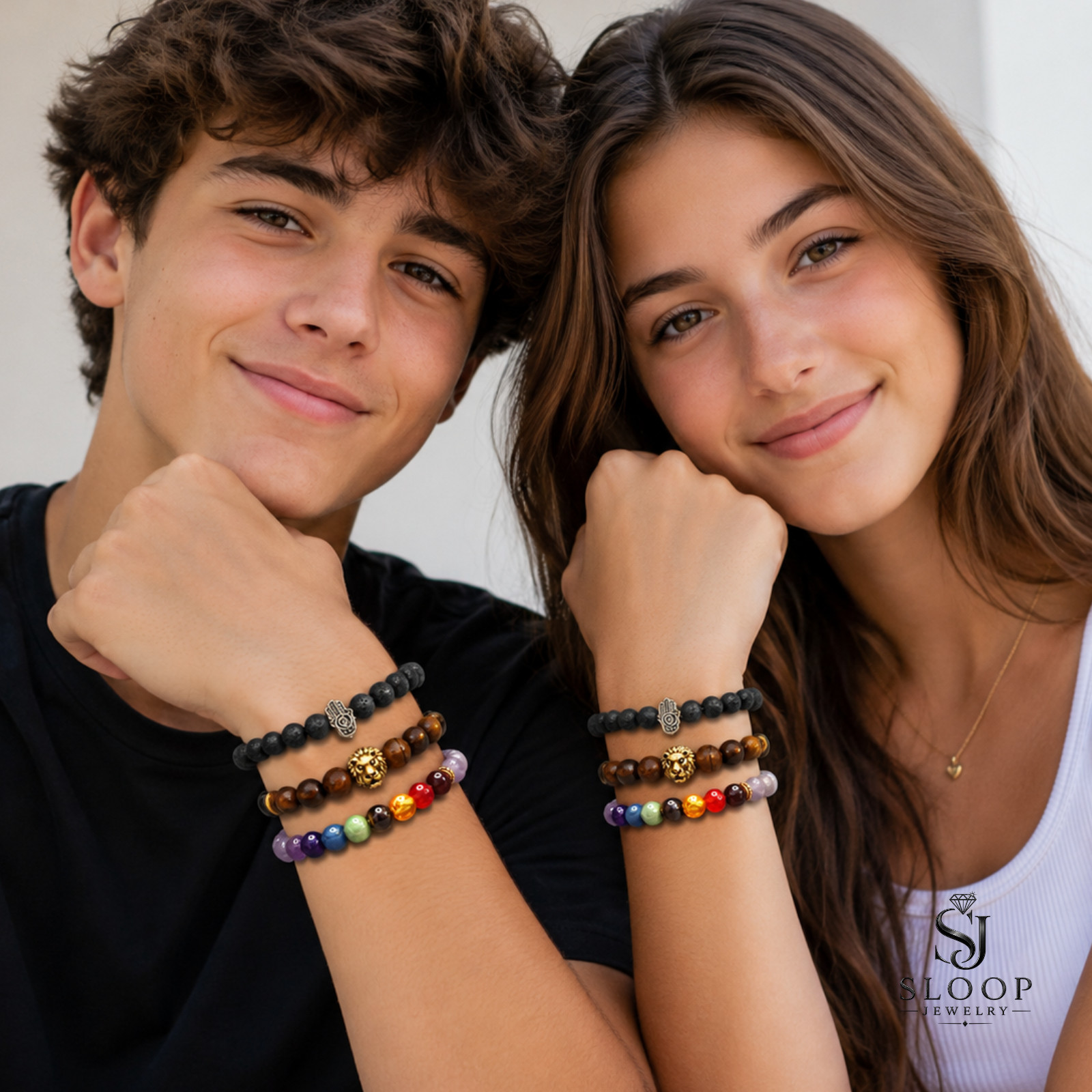 Set of 3 Bracelets — Black & Tiger Eye, Gold Hamsa, Purple Multicolor