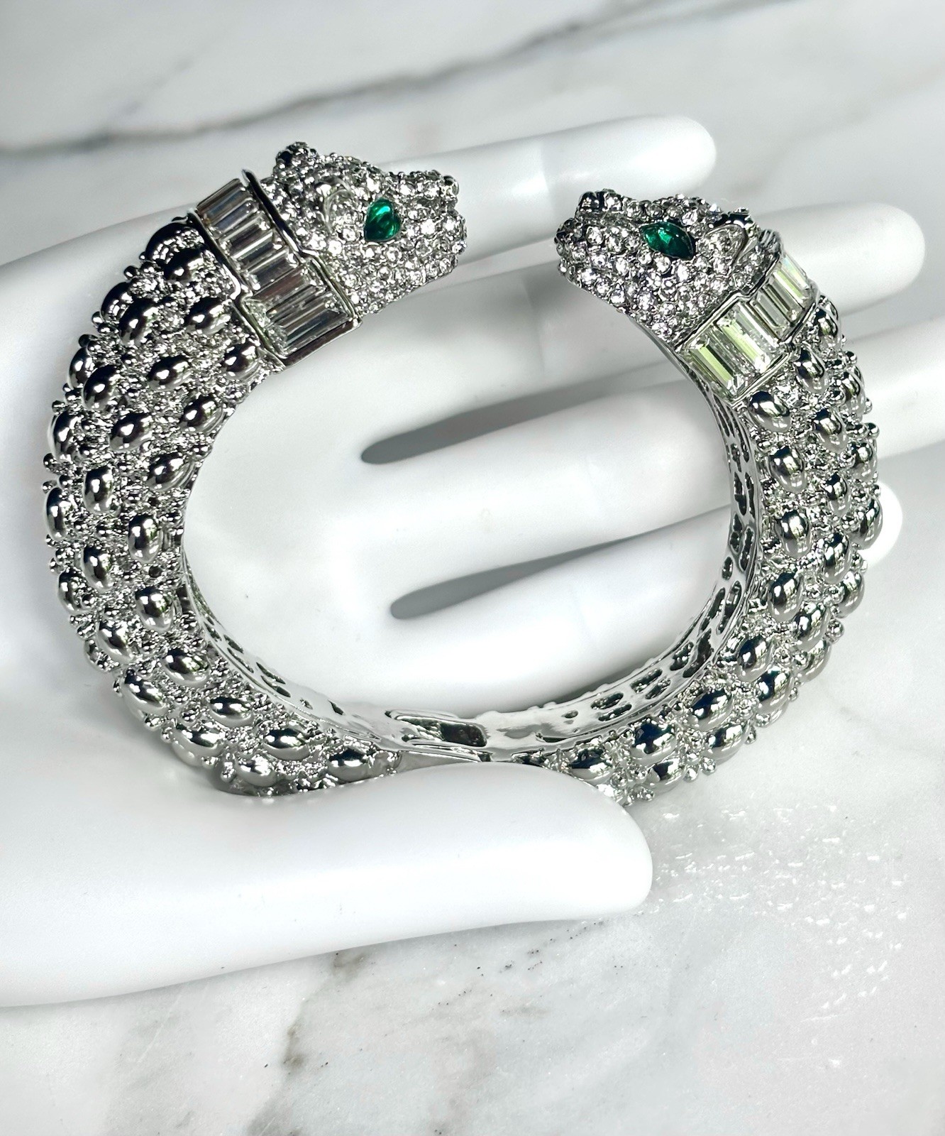 PANTHER FELINE SET /2 CRYSTALS HINGED CUFF BRACELET SILVER GOLD TONE BAGUETTES