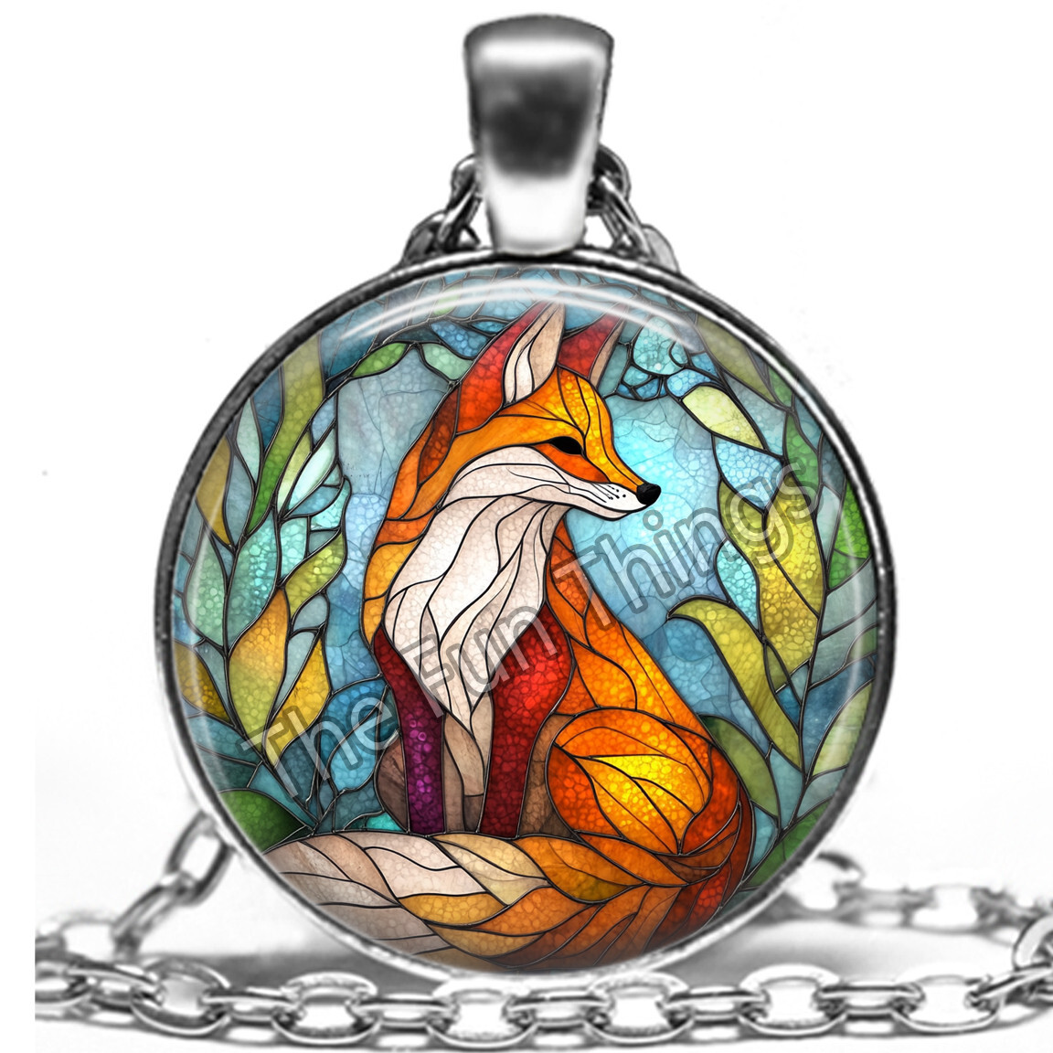 Red Fox Necklace Pendant Charm & Chain Faux Stained Glass Fox Jewelry Gifts