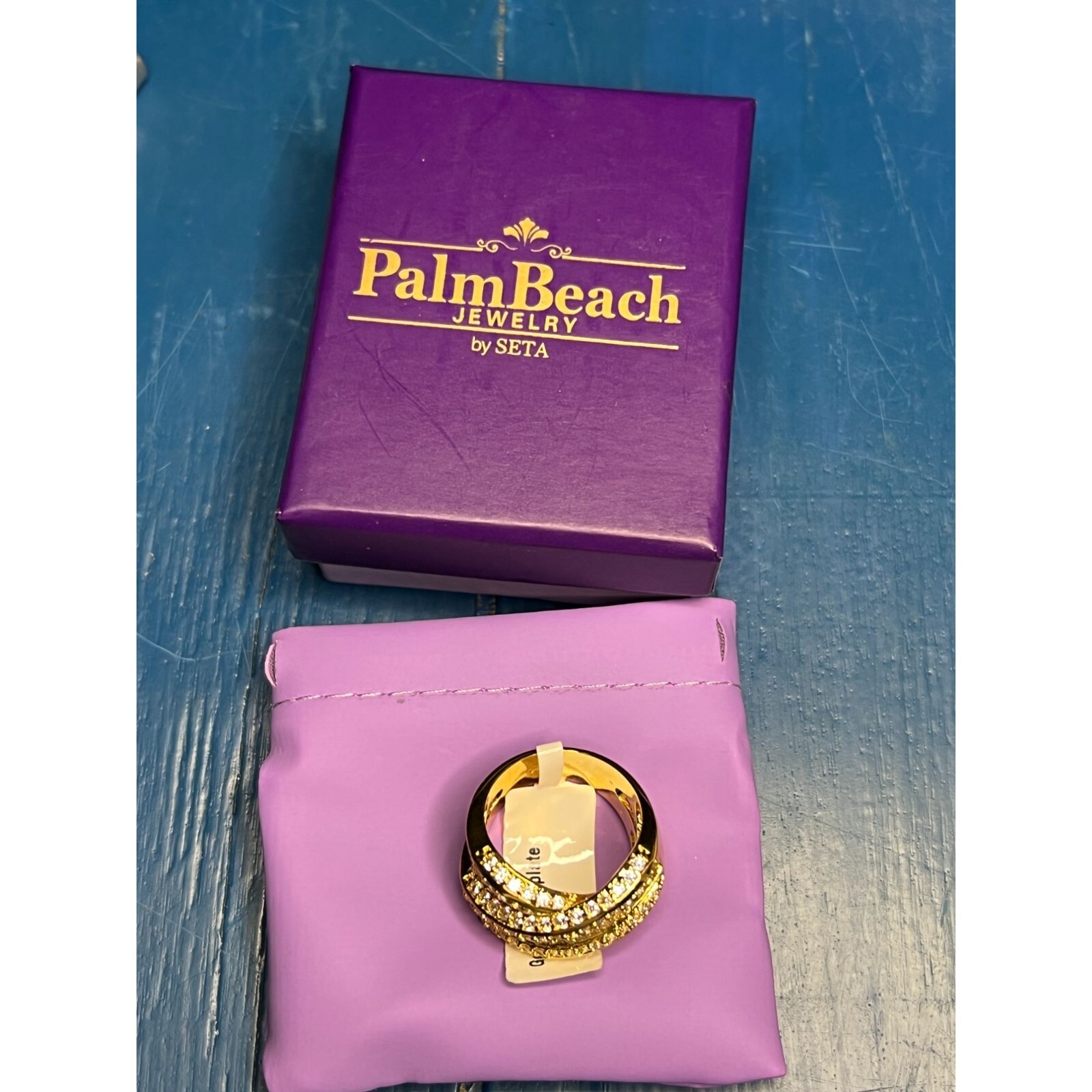 Palm Beach jewelry 3.64 TCW Baguette Cut CZ Gold Plated Crossover Ring Sz 8.5 NE
