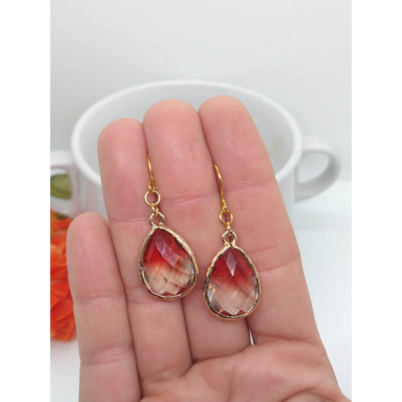 Faceted Red & White Glass, Gold Dangle Earrings- Ladies Fashion Drops-Handmade