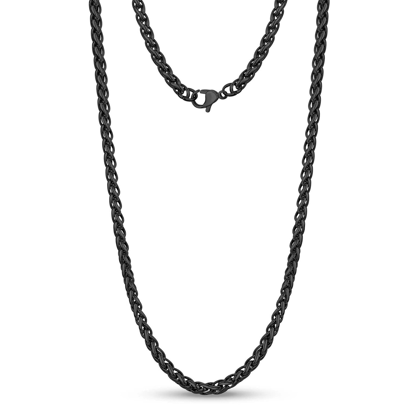 BLACK 316L STAINLESS STEEL 5MM WIDE 22″ / 55CM LONG SPIGA WHEAT ROPE KNOT CHAIN