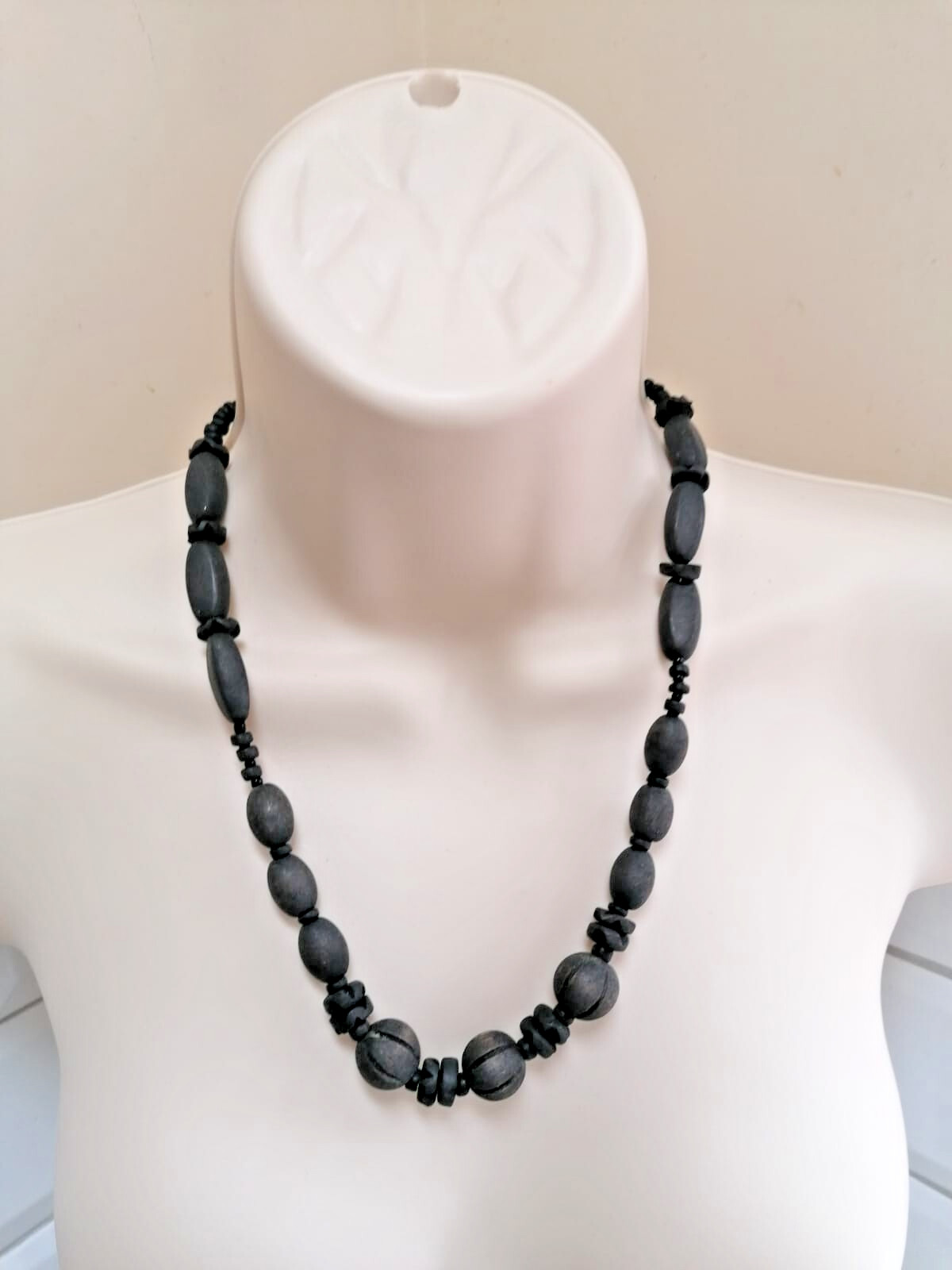 black wooden bead necklace in mixed shapes 53cm tribal style signs of wear