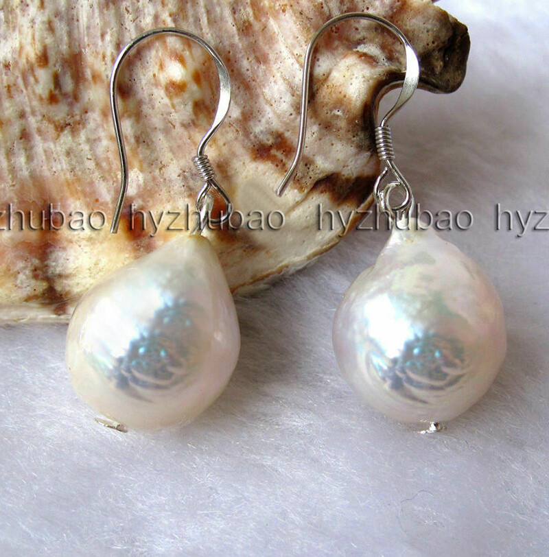12-13mm Natural South Sea White Baroque Edison Pearl Silver Hook Earrings AAA