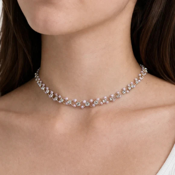 Silver-Tone Pearl Crystal Choker Necklace Women Bridal Elegant Wedding Gift