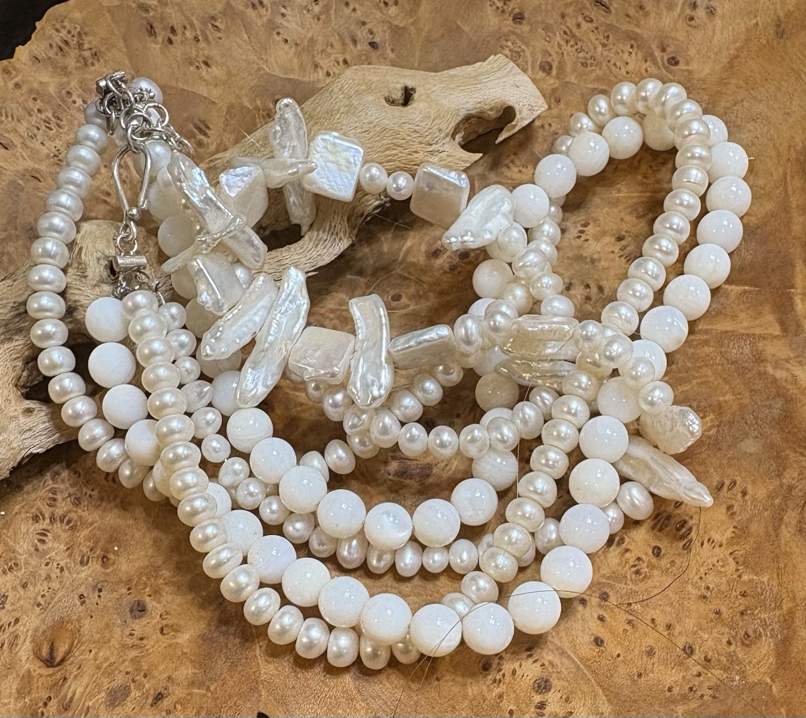 Pearl Necklace 3-Strand Baroque & Uniform Natural Pearls Opalite Beads 16”