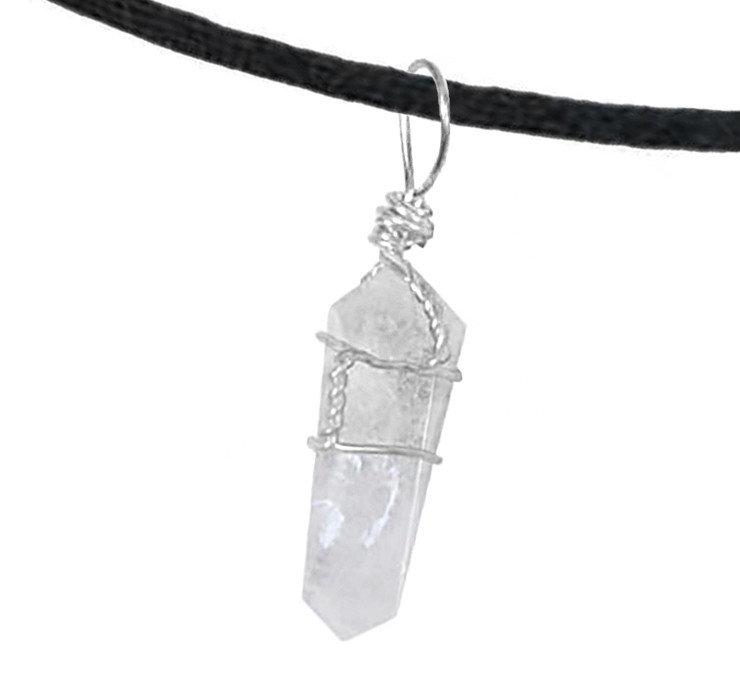 Natural Clear QUARTZ Crystal Wire Wrapped Pendant Double Point & BLACK NECKLACE