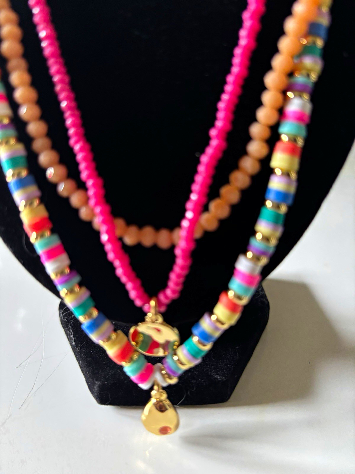 Colorful 3 Strand Beaded Necklace Rainbow Heishi Gold Tone Layered Boho Beach