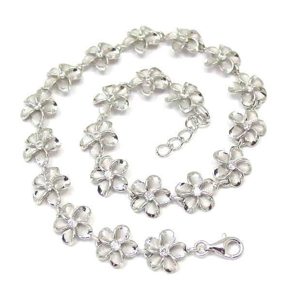 10MM STERLING SILVER 925 HAWAIIAN FANCY PLUMERIA FLOWER ANKLET RHODIUM 9.5 INCH