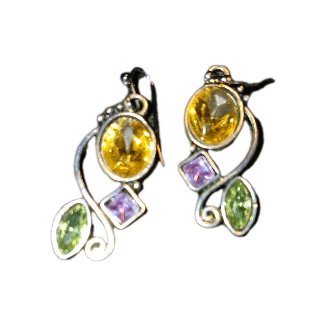 Earrings 1″ Multicolor Gem Stones. Dangle. Teens,adults, Sterling