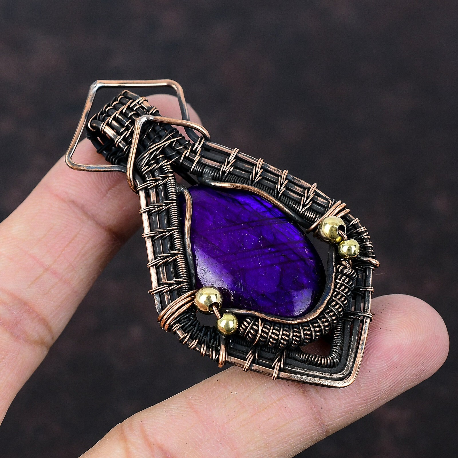 Purple Fire Labradorite Jewelry Copper Gift For Love Wire Wrapped Pendant 2.8″