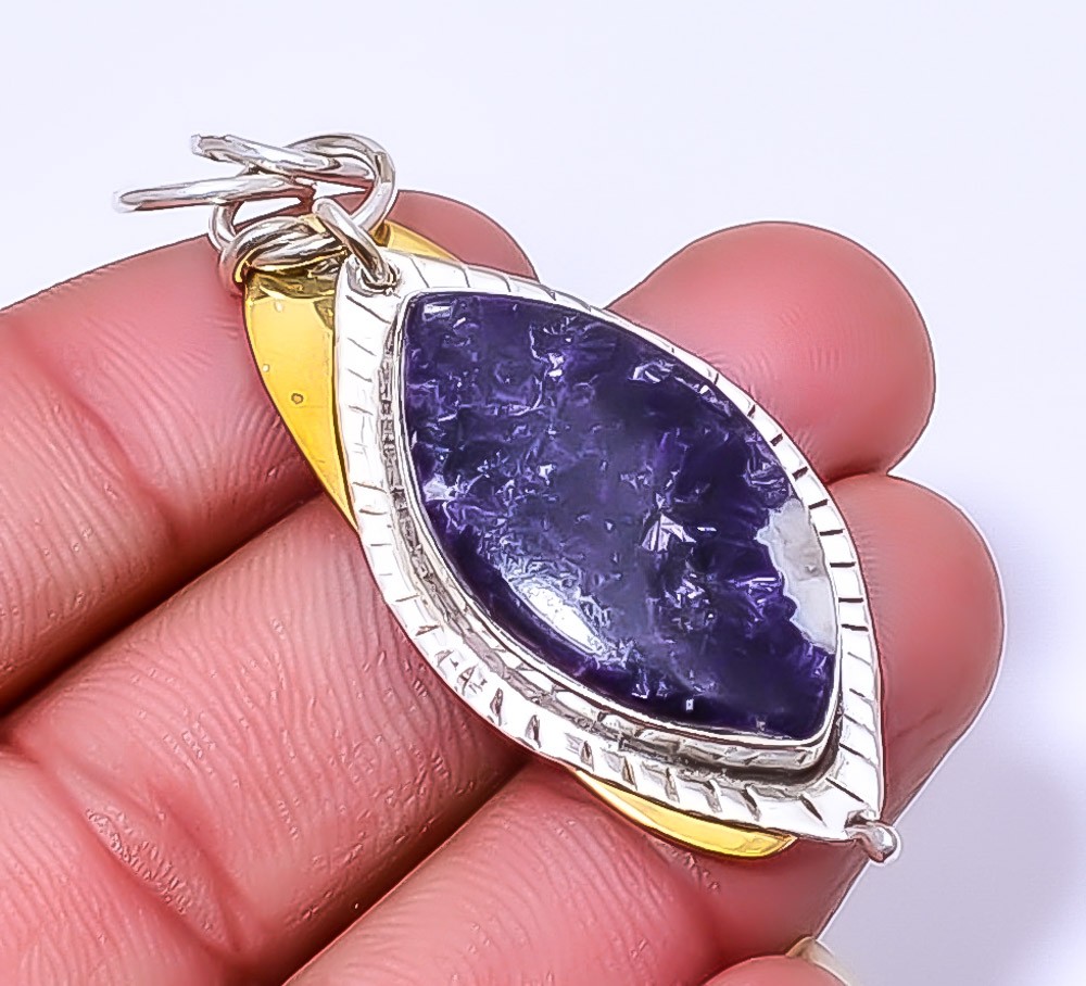 Purple Lepidolite – San Diego 925 Sterling Silver Two Tone Pendant 2.34″ A366