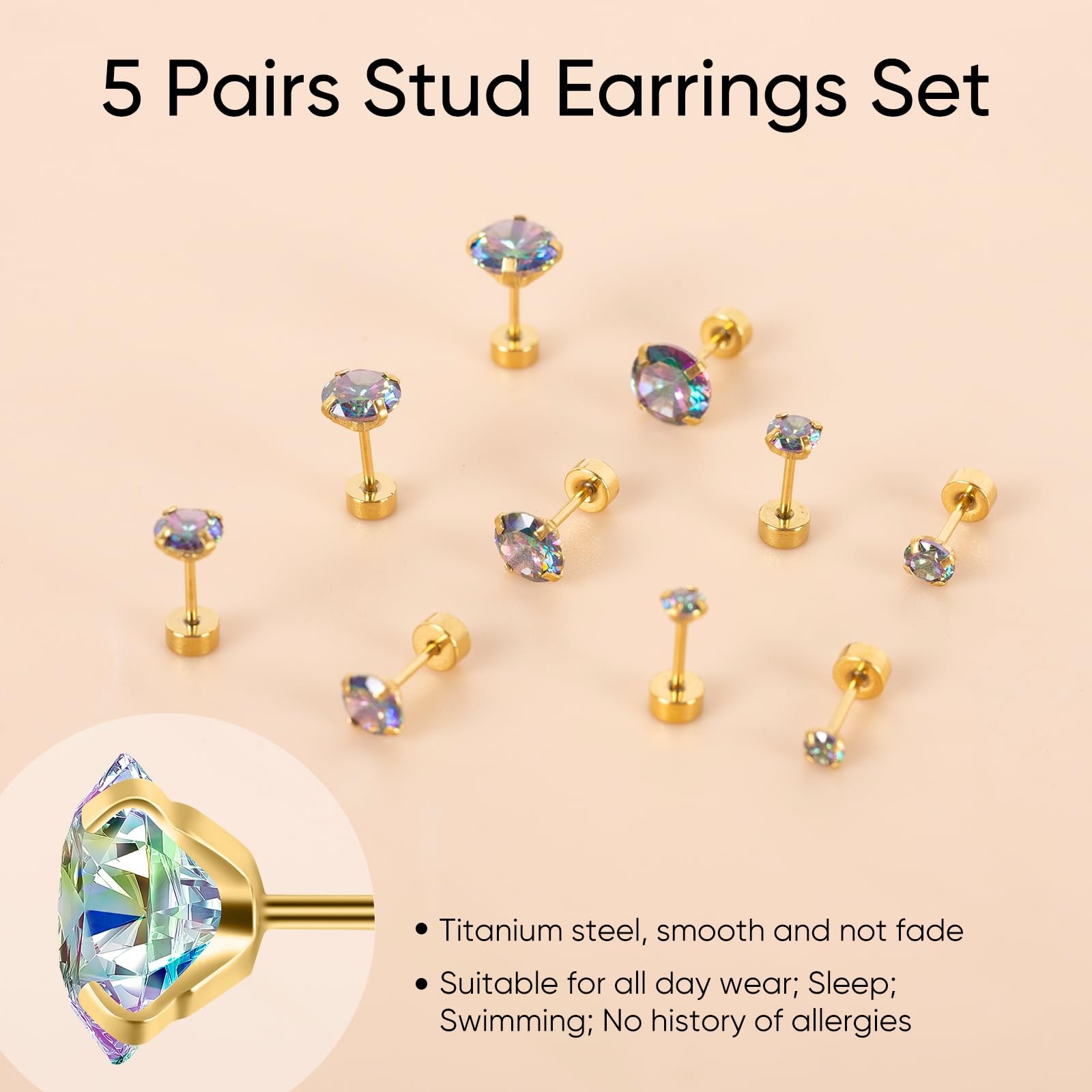 5 Pairs Flat Back Stud Earrings for (3mm~7mm)x1, 03-Color Gem(Gold Color)