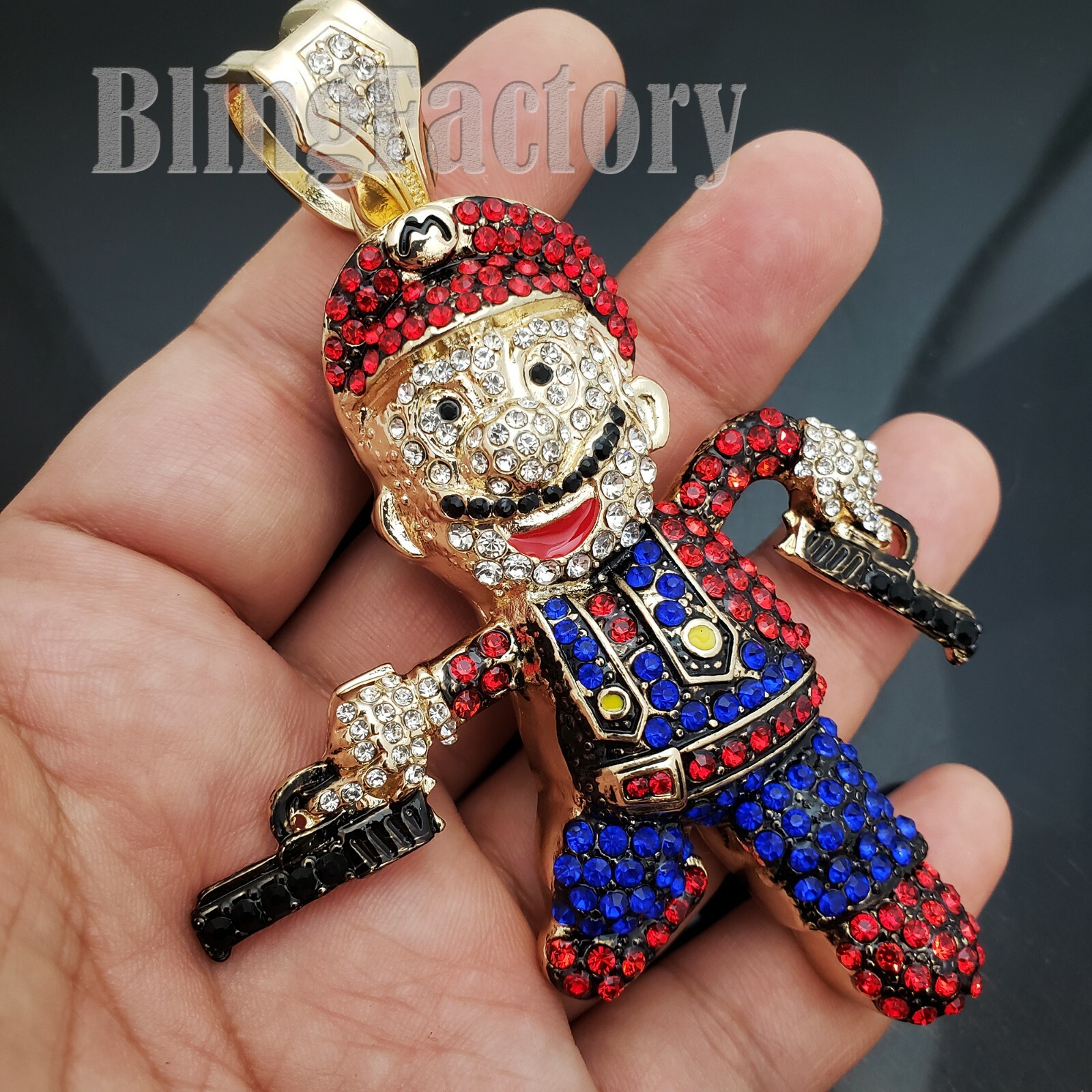 Hip Hop Mario Gun Man Pendant & 16″ Iced Bust Down Choker Chain Bling Necklace